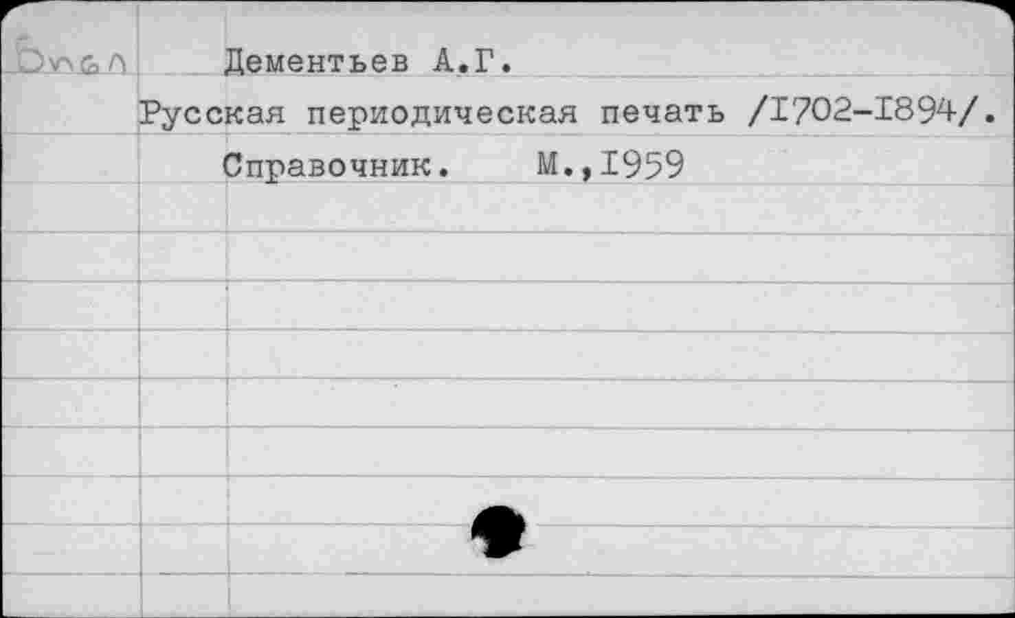 ﻿..'Оу> ь л	Дементьев А.Г.
	Русская периодическая печать /1702-1894/.
	Справочник.	М.,1959
	
	
	
	
	■
	
	
	
	